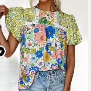 Mid Boutique Mixed Floral Print Blouse with Lace Detail & Puff Sleeves